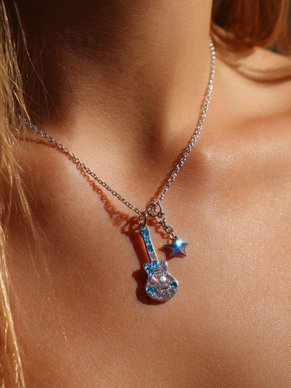 Silver Tone Iridescent Guitar & Star Pendant Necklace - Women's Jewelry
